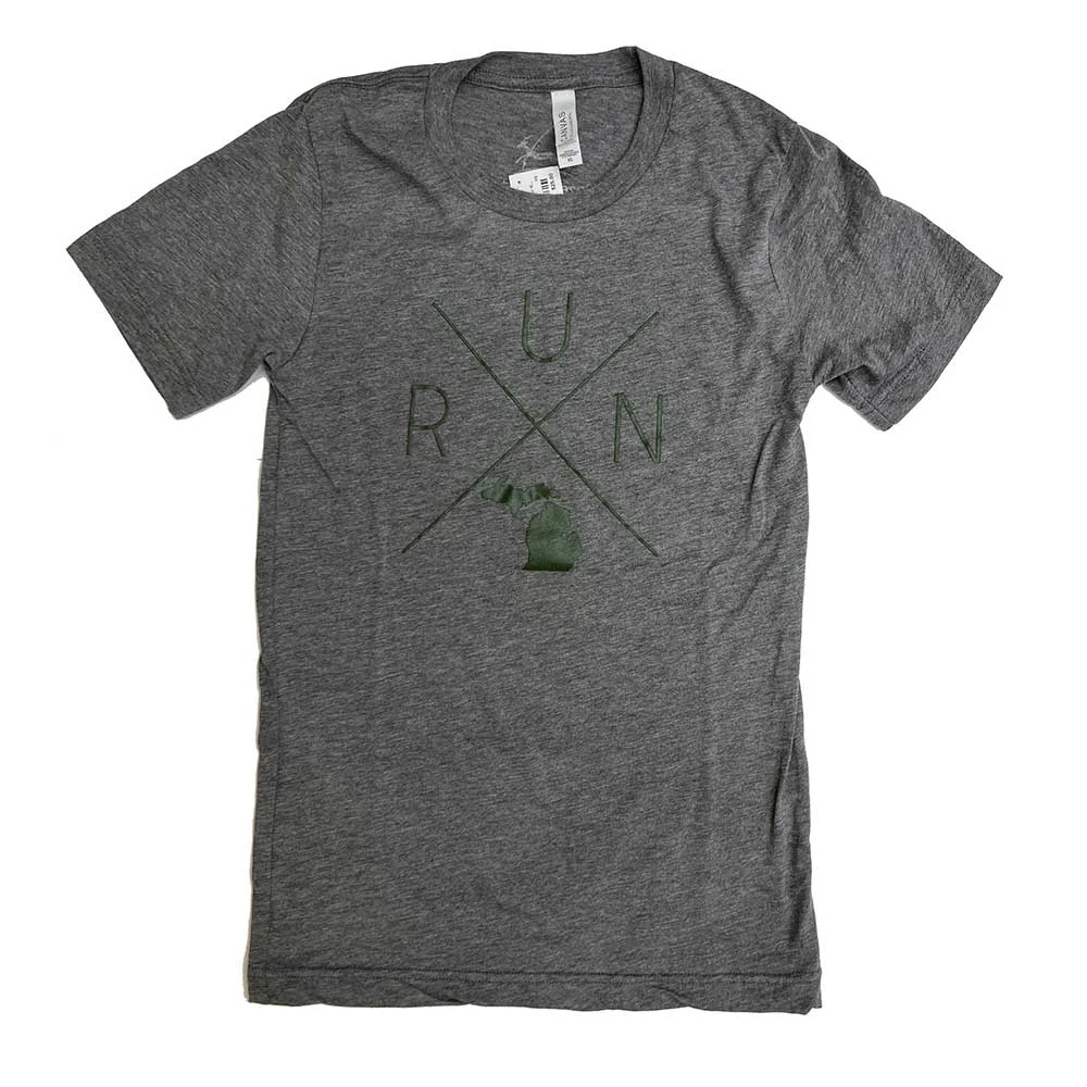Unisex RUN X Mitten Triblend Short Sleeve Tee - Grey/Hunter Green 1 Unisex RUN X Mitten Triblend Short Sleeve Tee - Grey/Hunter Green