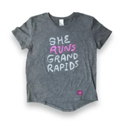Women's She Runs GR Playful Script Perf Tech SS - Heather Gray/Light Gray/Pink