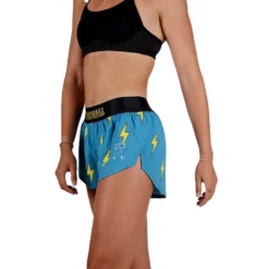 Women's Blue Bolts 1.5" Split Short - Blue Bolts -Elara Wear Shop chicknlegs womens blue bolts 1.5 inch split running shorts logo view