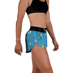 Women's Blue Bolts 1.5" Split Short - Blue Bolts -Elara Wear Shop chicknlegs womens blue bolts 1.5 inch split running shorts side view