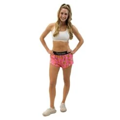 Women's Pink Bananas 1.5" Split Short - Pink Bananas -Elara Wear Shop chicknlegs womens pink bananas printed running shorts full