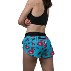 Women's Blue Flamingo 1.5" Short - Blue Flamingo -Elara Wear Shop womens blue flamingo 1.5 inch split shorts front back side